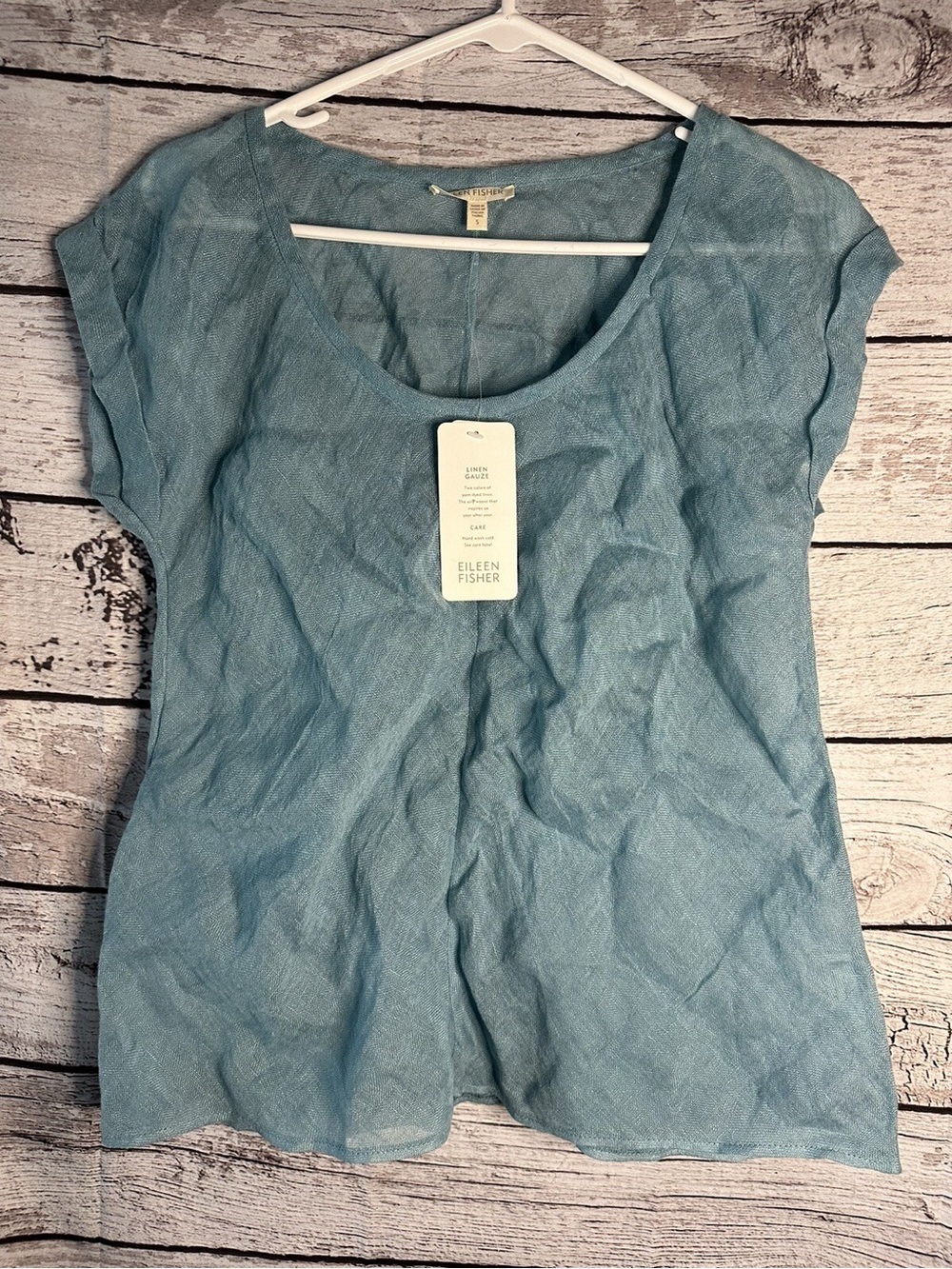 EILEEN FISHER Bayberry Blue Linen Gauze Scoop Neck Long Top Size Small